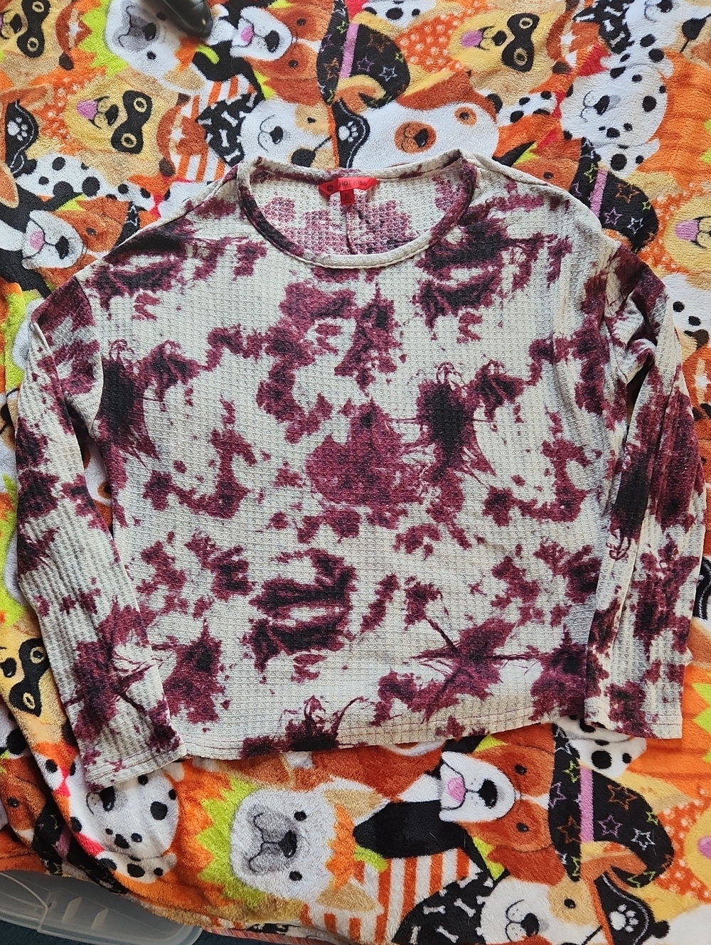 Hot Kiss Grey and Burgundy Tie-Dye Long Sleeve Thermal Top